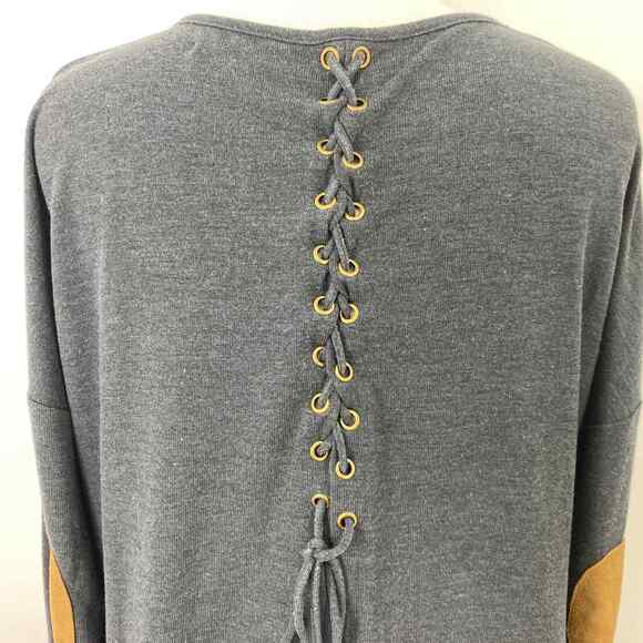 She & Sky Blouse Womens Large Gray Long Sleeve Patch Elbow Split Lace Up Back - Picture 8 of 9